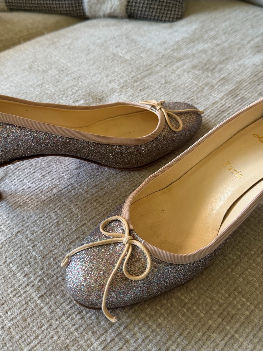 Christian Louboutin Glitter Kitten Heels with Nude Trim - Repairs Needed